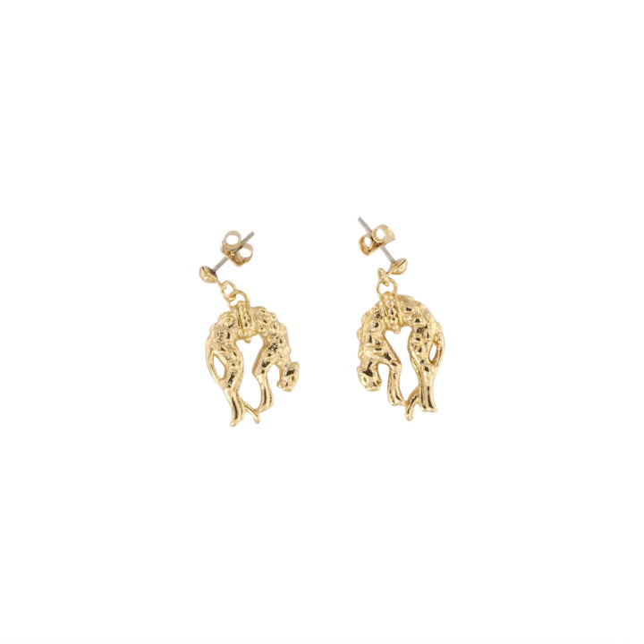Earrings, studs, cat, gold-plated and silver-plated brass 