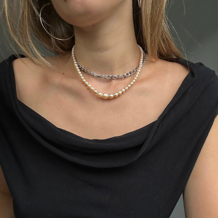 Halskæde, gradueret champagnefarvet voksperlekæde, forsølvet messing Beadhouse of Copenhagen