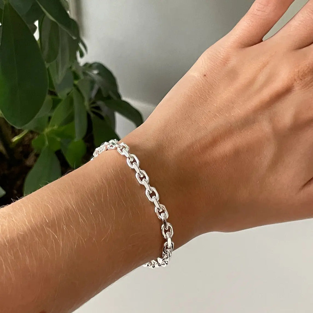 Armbånd, chunky anker facet kæde, sterlingsølv, 17-20 cm/4,5 mm Spain