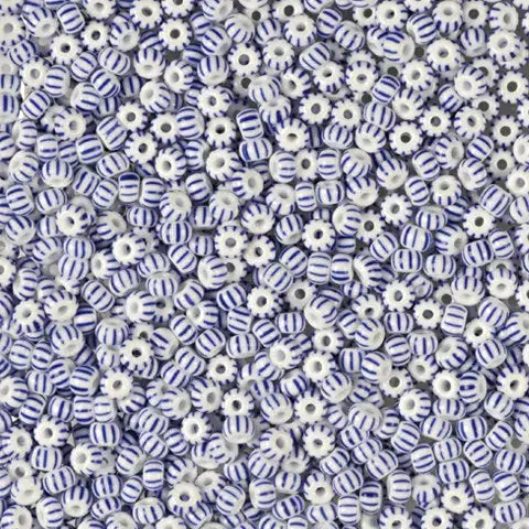 Striped glass beads, preciosa, white/blue tight striped, bulk buy 