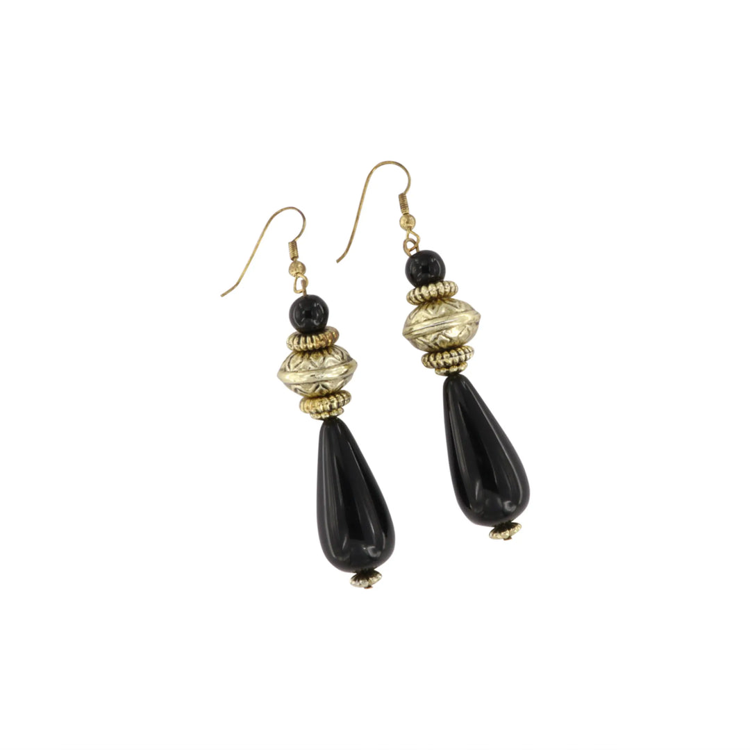Earrings, ear hook, gold plated brass, black drop, with pattern 