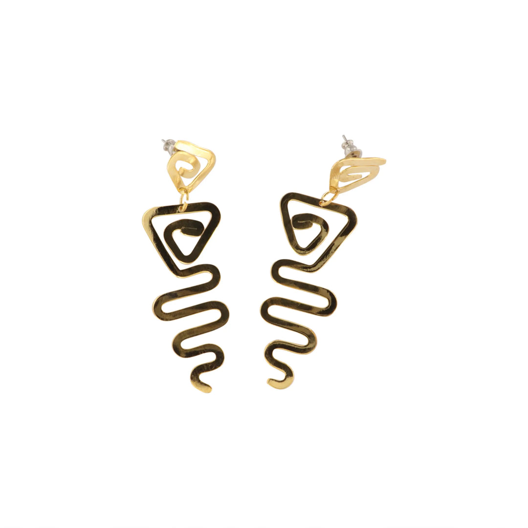 Earrings, graphic spiral, 7 cm, gold-plated brass 