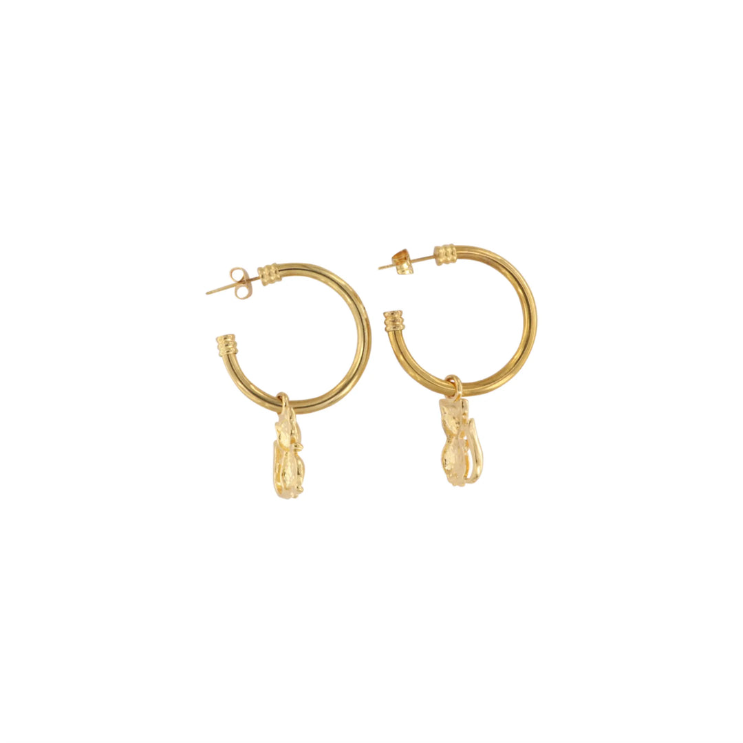 Earrings, with cat pendant, gold-plated brass