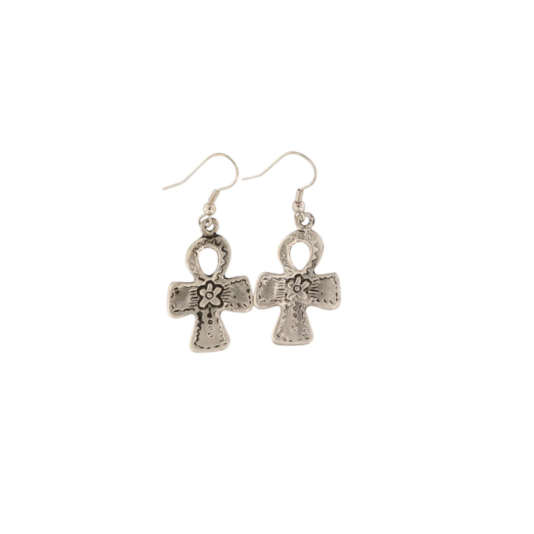Earrings, cross, engraving, silver plated brass