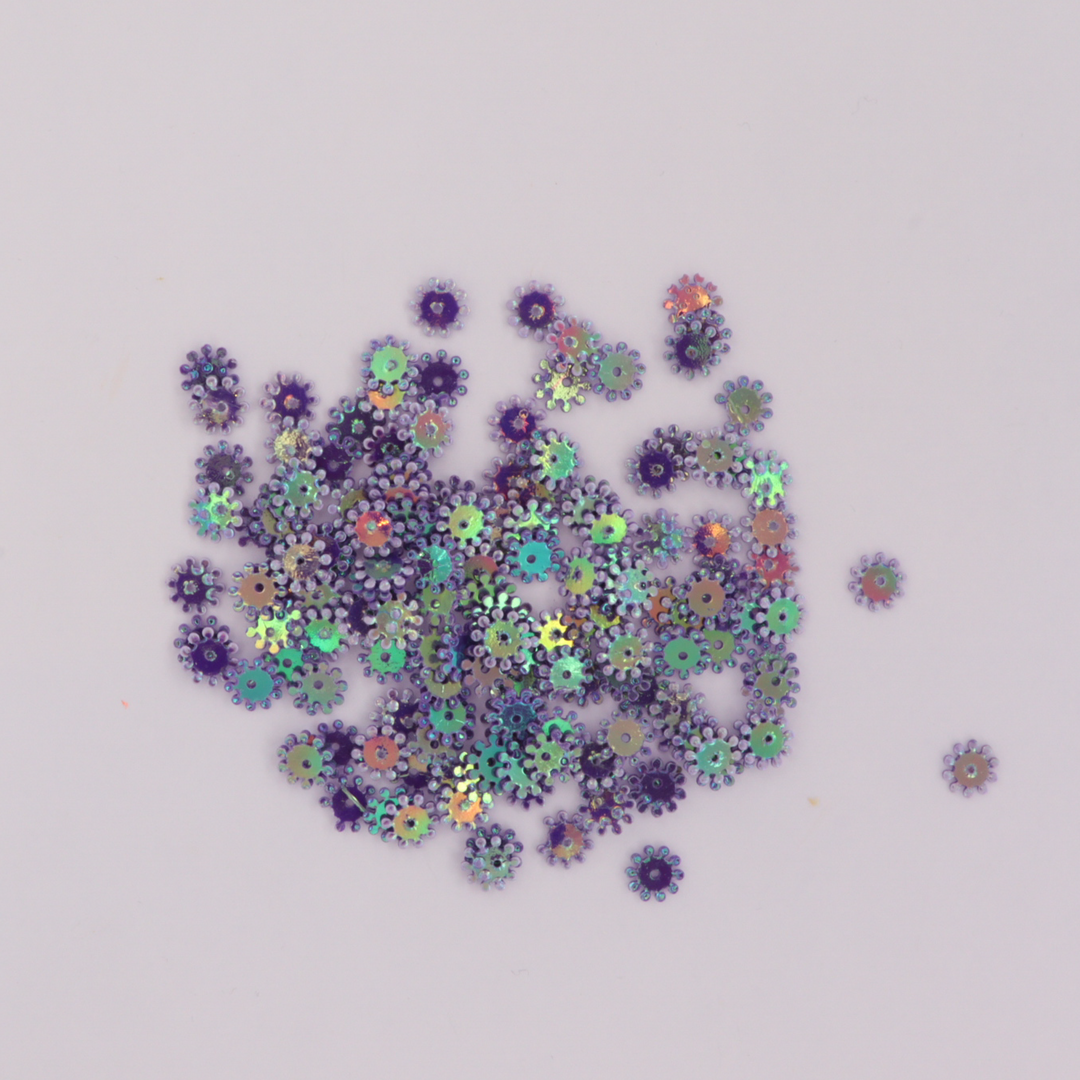 Palietter, blomst, hård, 8mm, med regnbueskær, 10-40g