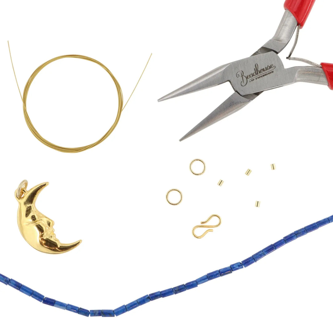 Diy kit, halskæde kit med sodalit rørperler, forgyldt sterlingsølv Beadhouse of Copenhagen