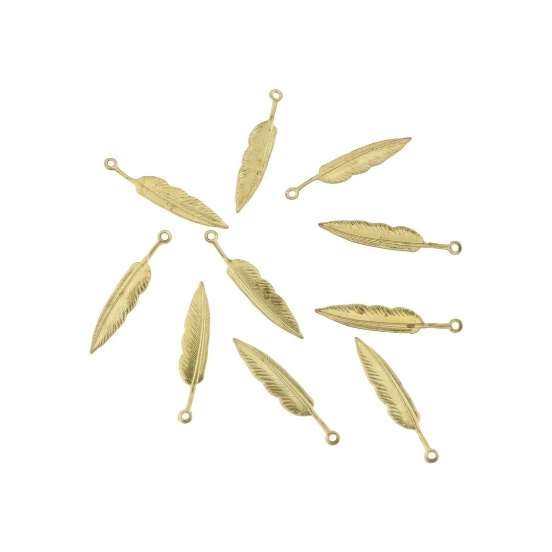 Pendant, feather, gilded brass, 27x5 mm. bulk purchase 