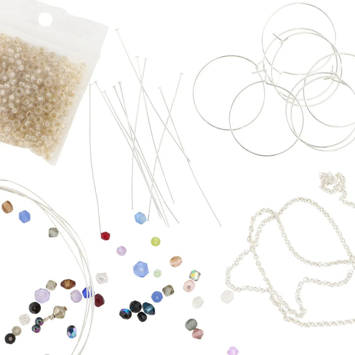 Diy kit, øreringe kit med perlemix og kæde, forsølvet messing Beadhouse of Copenhagen