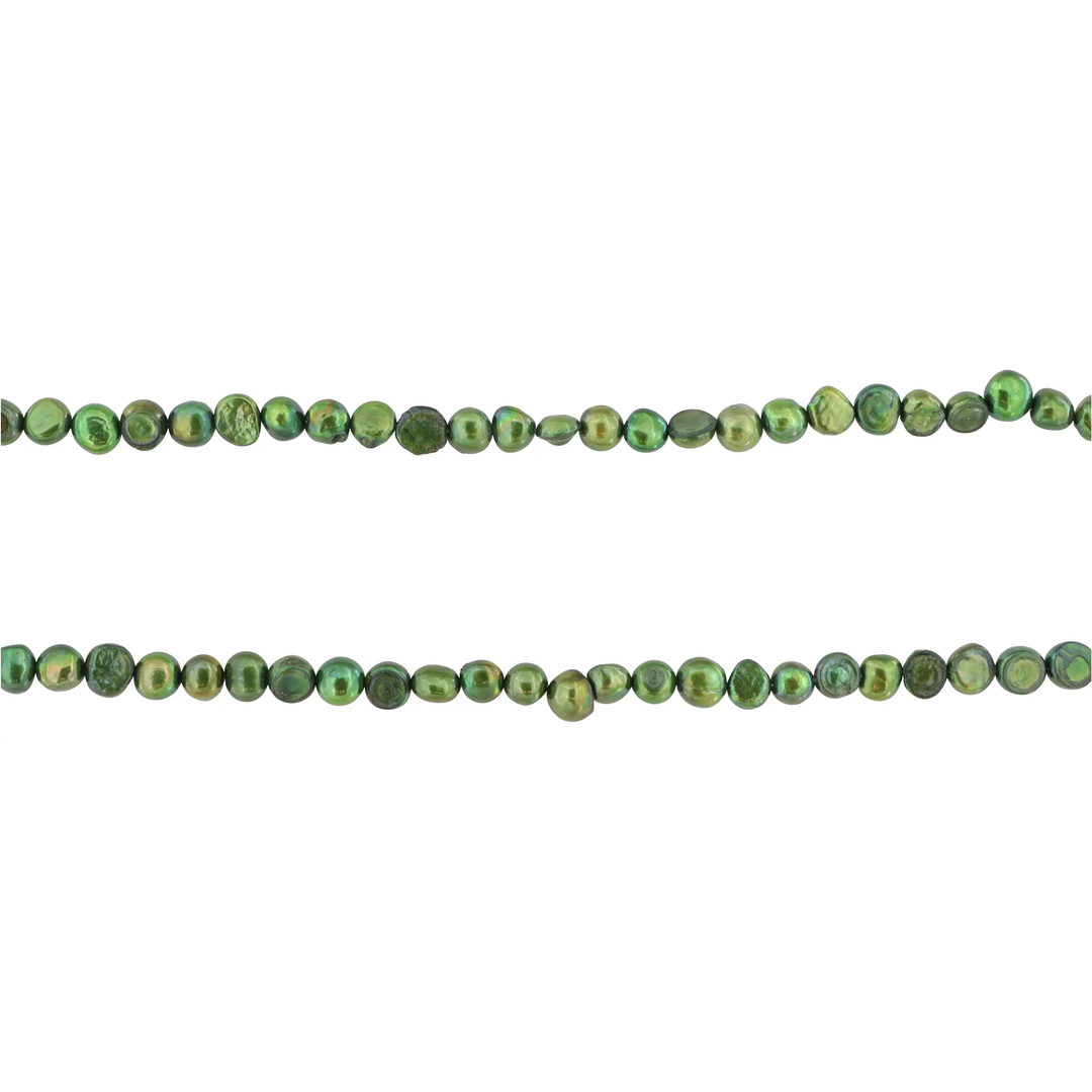 Ferskvandsperler, string, grøn barok indfarvet, 38 cm/6 x 7 mm BOC