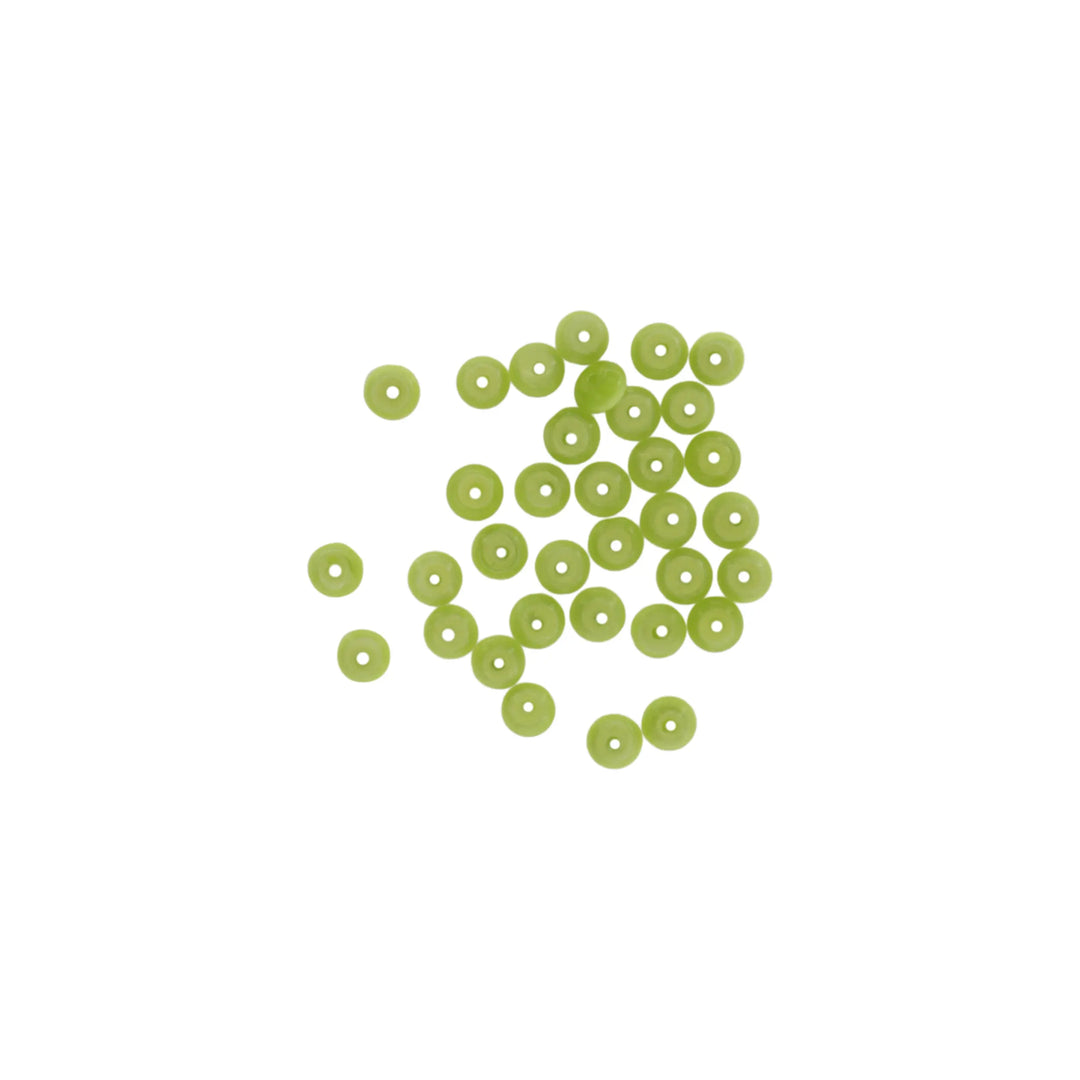 Glasfiberperler, runde, flade, lysegrøn, 6x3 mm, 10 stk