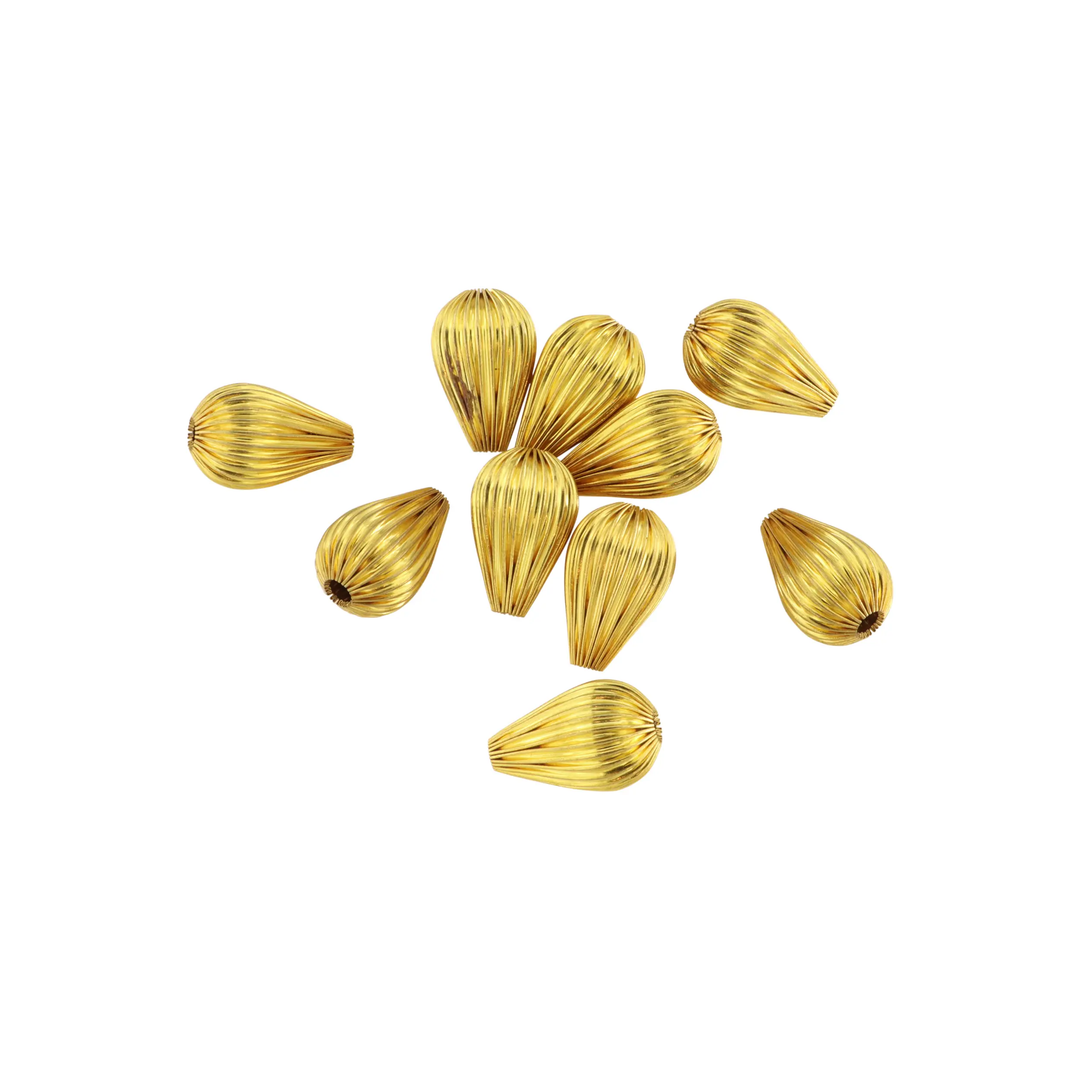 Metalperler, dråbe rillet, forgyldt messing, 18x12 mm, 10-100 stk BOC