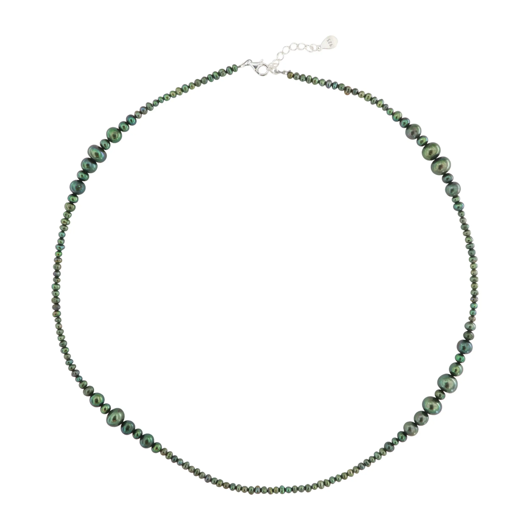 Halskæde, grønne ferskvandsperler, sterlingsølv, 40-50cm BOC