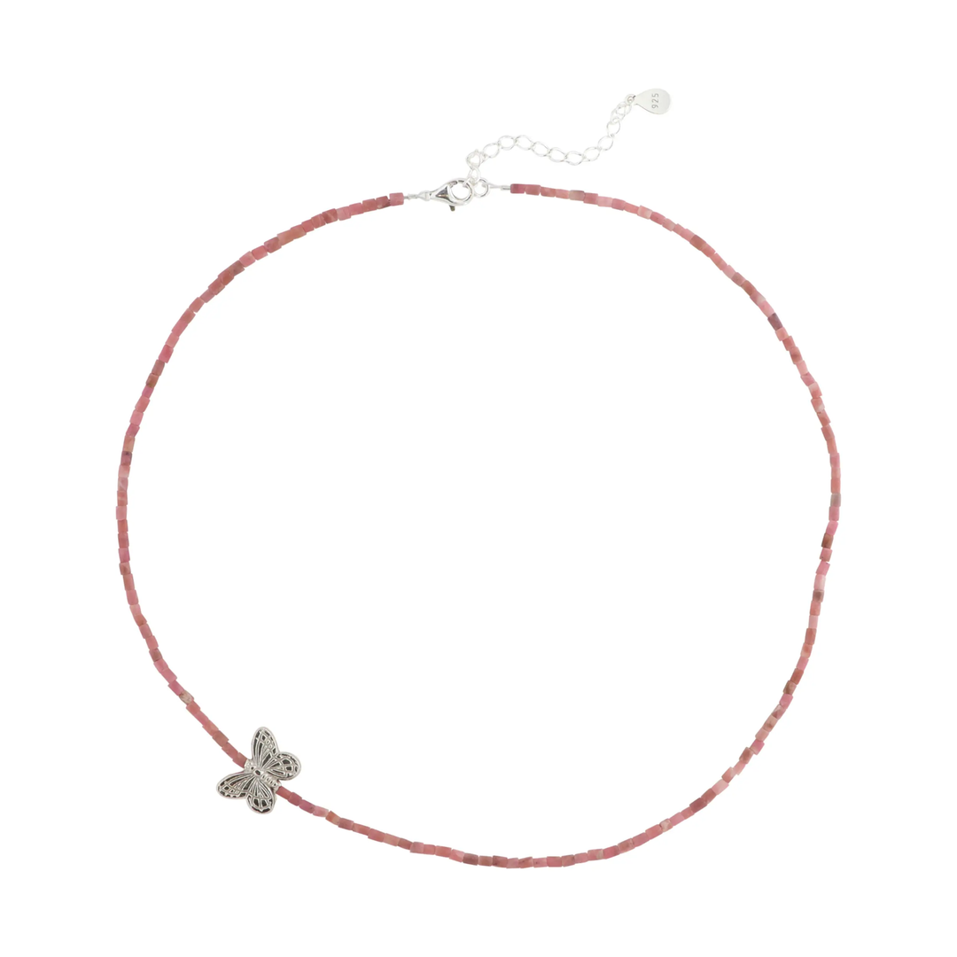 Halskæde med sommerfugl i rhodonit og turkis, sterlingsølv, 40-45 cm BOC