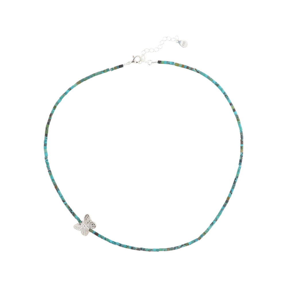 Halskæde med sommerfugl i rhodonit og turkis, sterlingsølv, 40-45 cm BOC