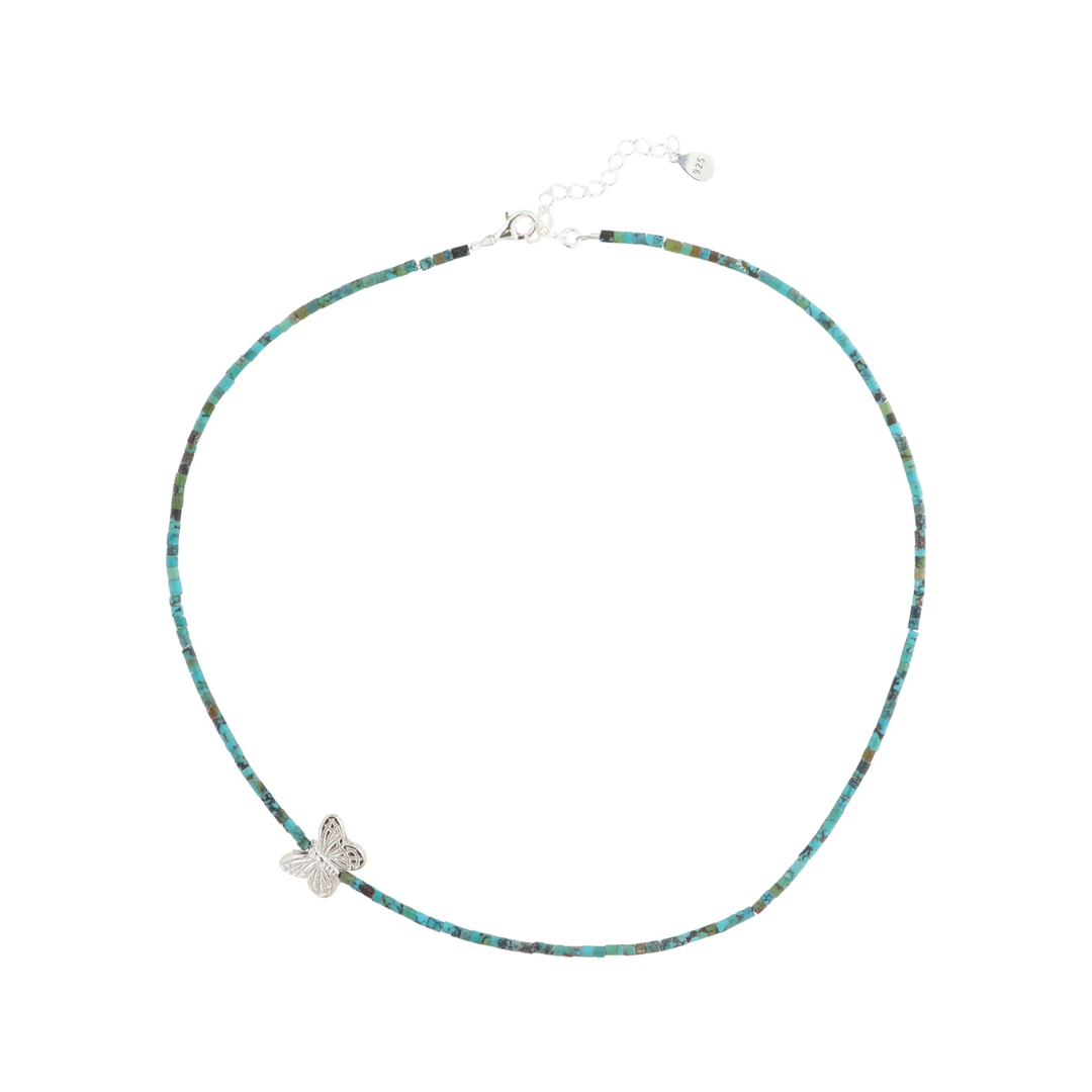 Halskæde med sommerfugl i rhodonit og turkis, sterlingsølv, 40-45 cm BOC
