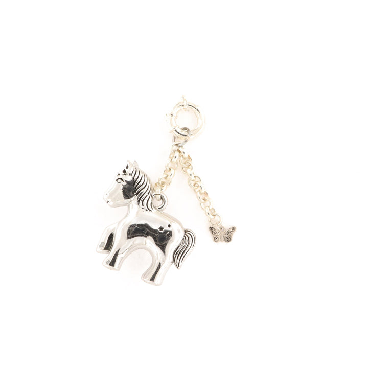 Taskecharm, pony og sommerfugl, 10cm, forsølvet messing