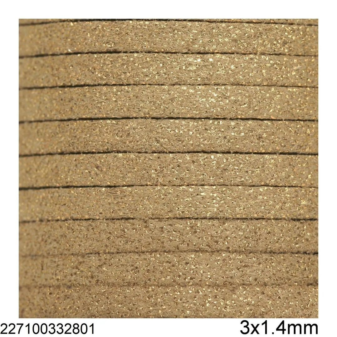 Snor, beige med glitter, ruskind 3 mm x 1,5 m Tax