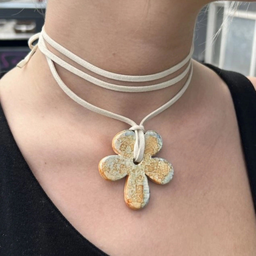 Necklace, patterned ceramic flower on suede cord, ceramic Greece
