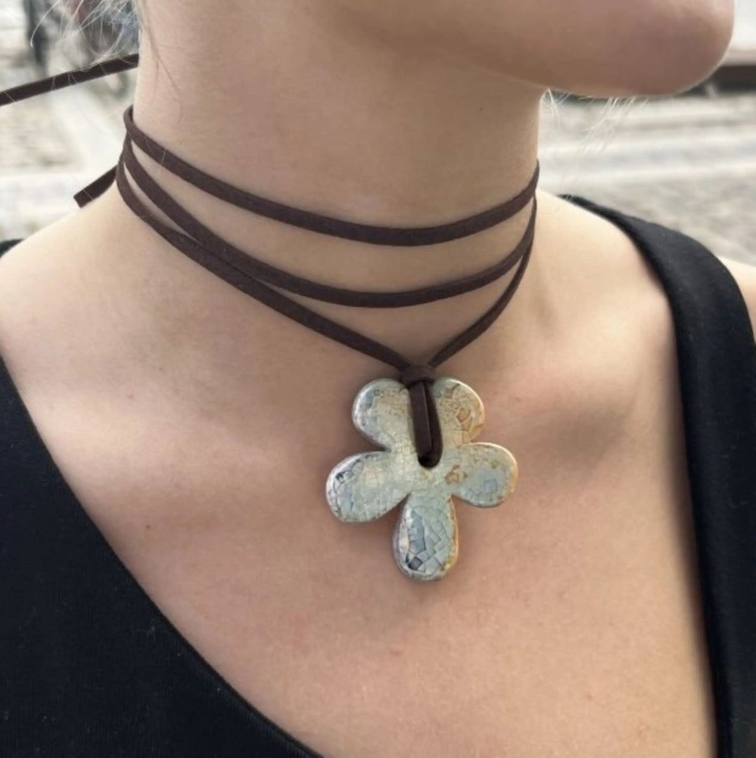 Necklace, patterned ceramic flower on suede cord, ceramic Greece