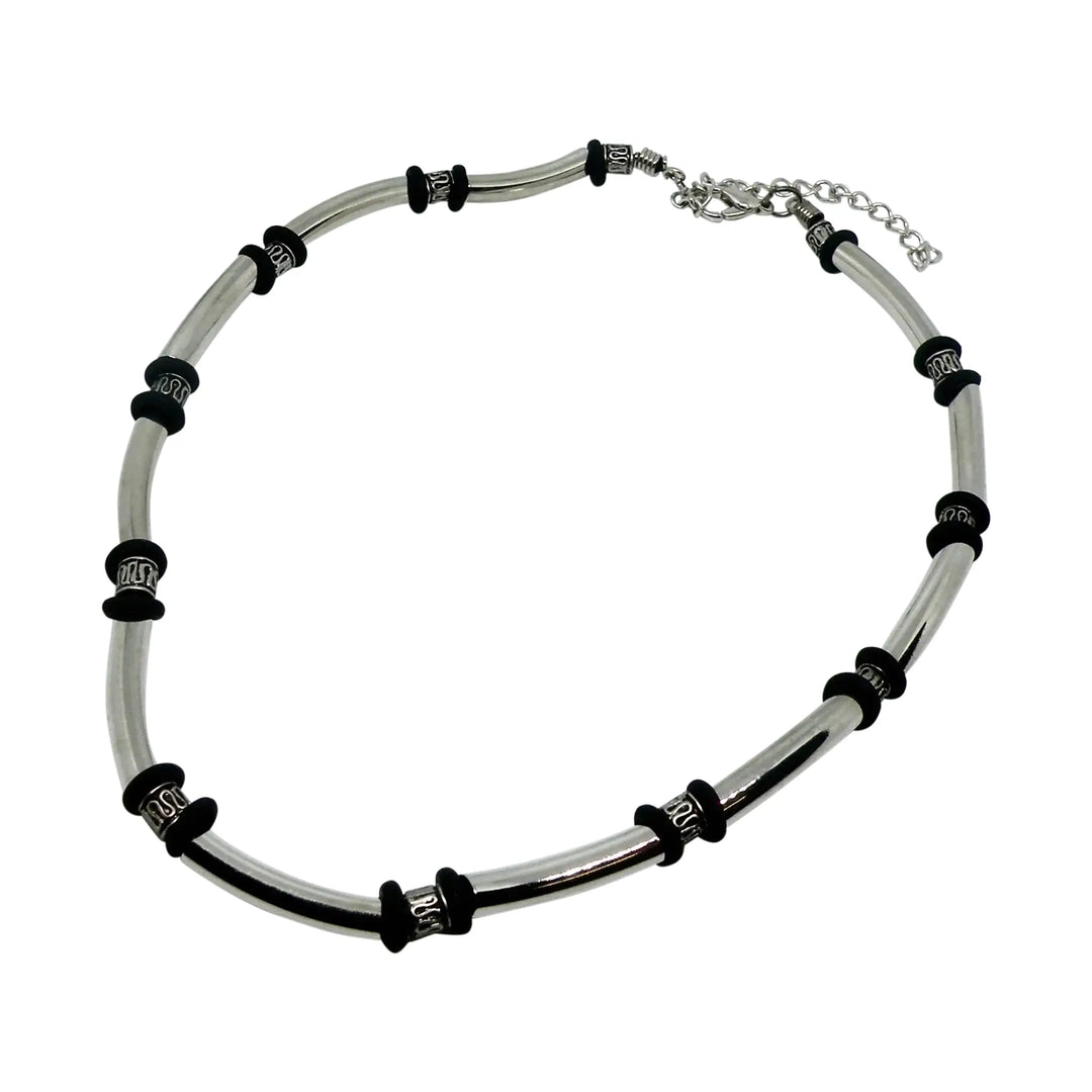 Necklace, tubes, silver-plated brass, 42-50 cm 