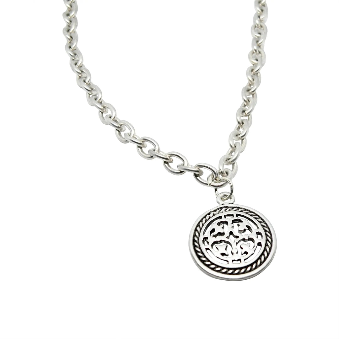 Necklace, round anchor chain with round pendant, silver-plated brass, 47 cm/24 mm 