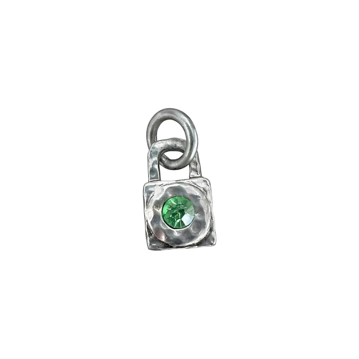 Pendant, small chunky padlock with colored crystal, silver plated brass 