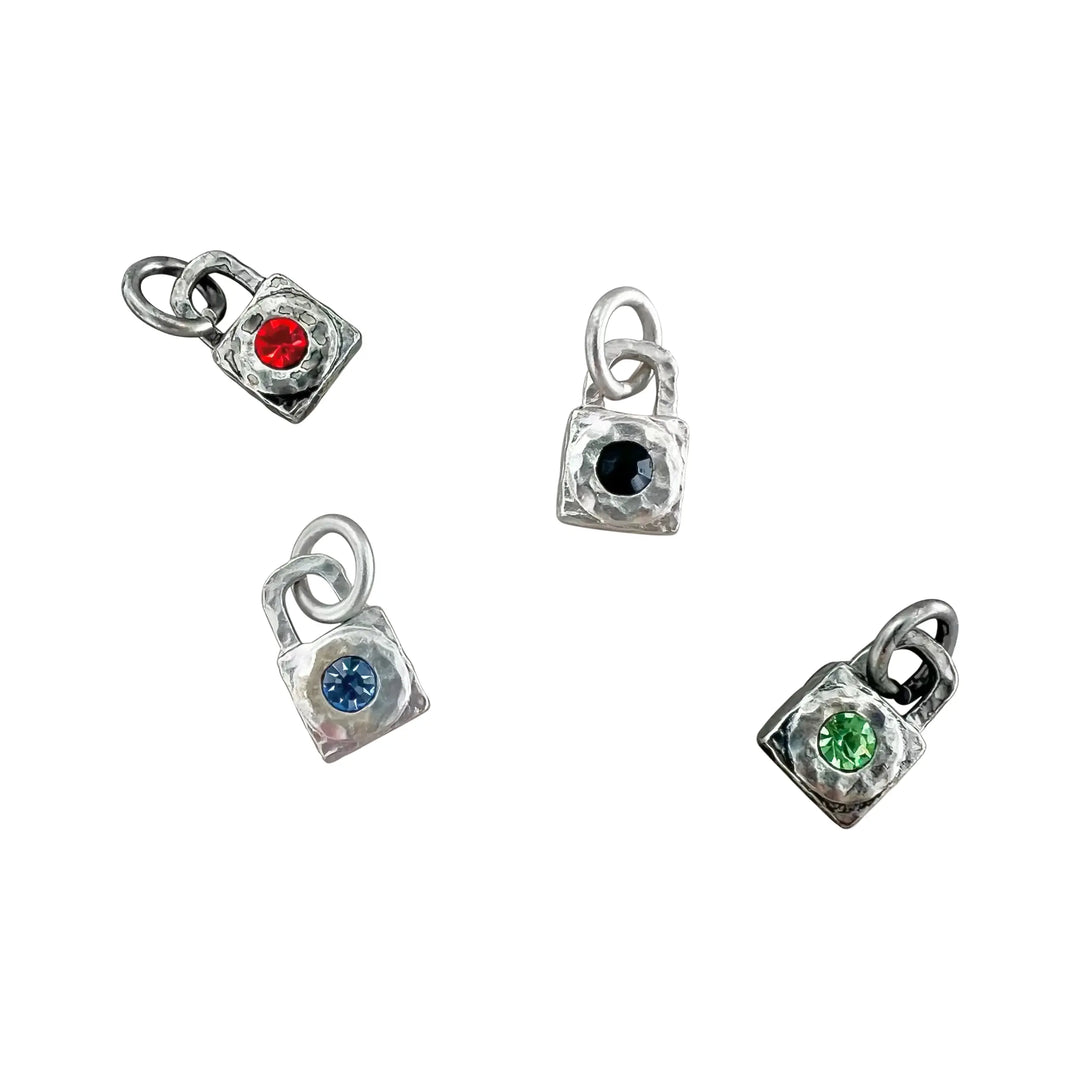 Pendant, small chunky padlock with colored crystal, silver plated brass 