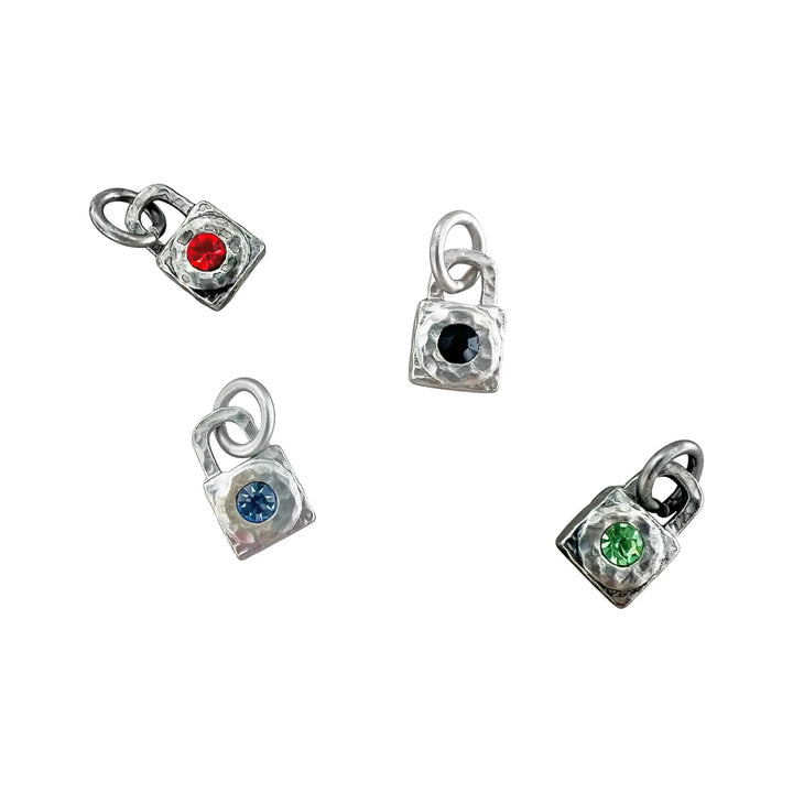 Pendant, small chunky padlock with colored crystal, silver plated brass 