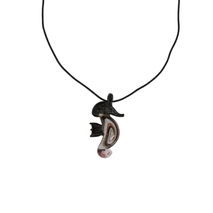 Necklace, black seahorse on black leather cord, handmade glass 