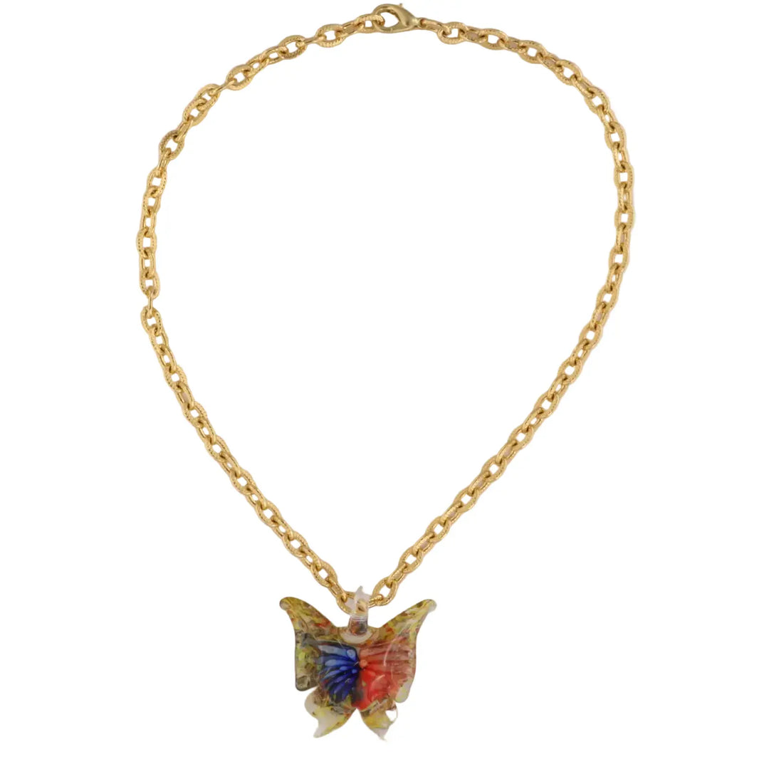 Necklace, blue/coral butterfly on chain, gold-plated aluminum/handmade glass 