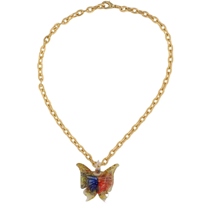 Necklace, blue/coral butterfly on chain, gold-plated aluminum/handmade glass 