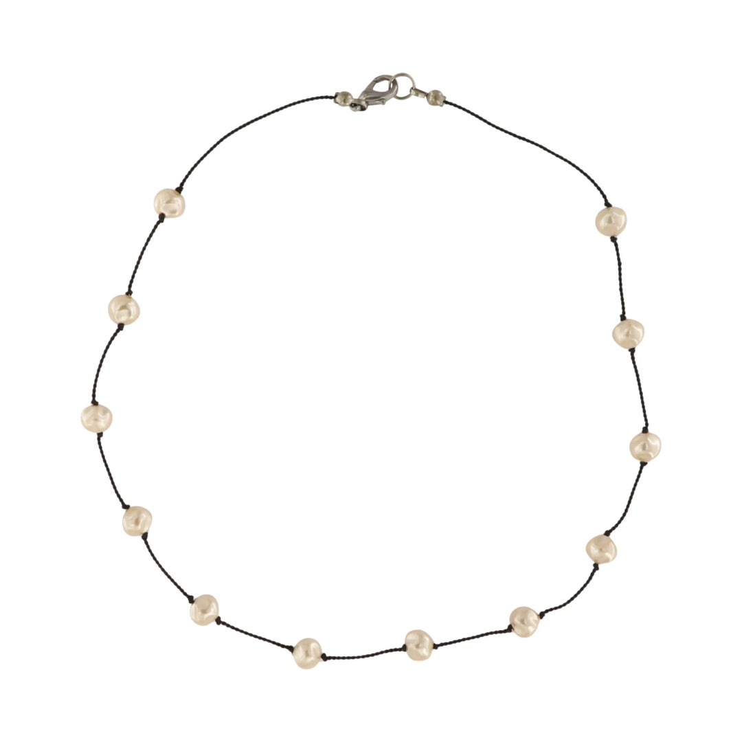 Necklace, wax pearls on nylon cord, silver -plated brass, 40cm