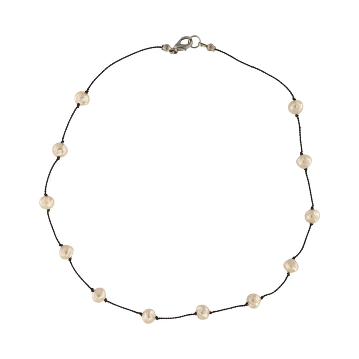 Necklace, wax pearls on nylon cord, silver -plated brass, 40cm