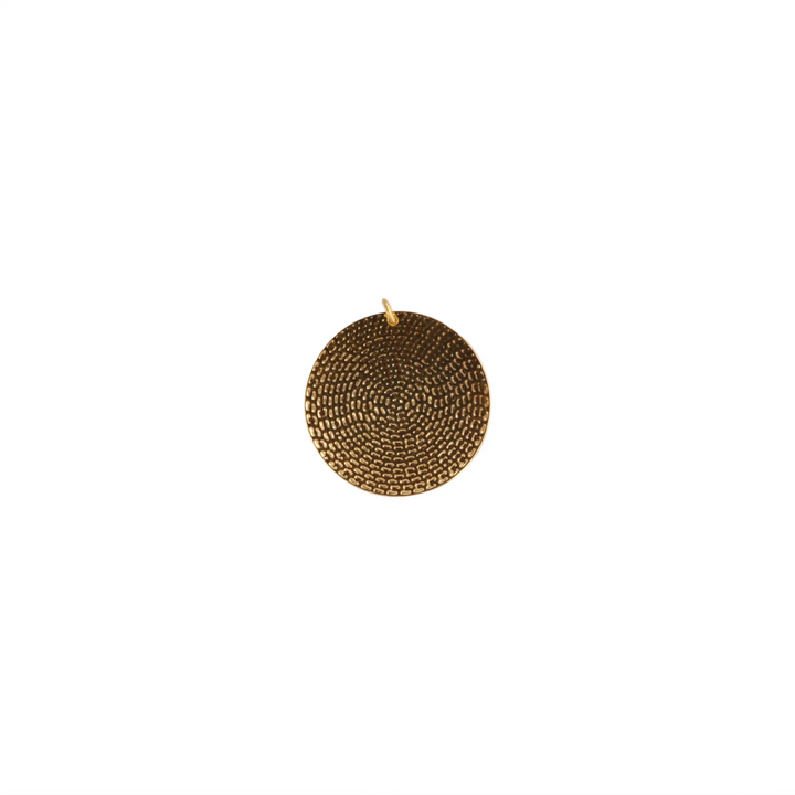Necklace, hammered circle on suede cord, brass 
