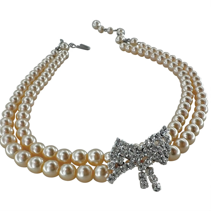 Necklace, choker with beige wax beads and bow pendant, silver-plated brass 