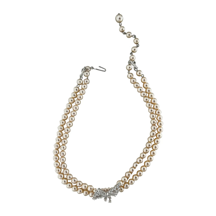 Necklace, choker with beige wax beads and bow pendant, silver-plated brass 