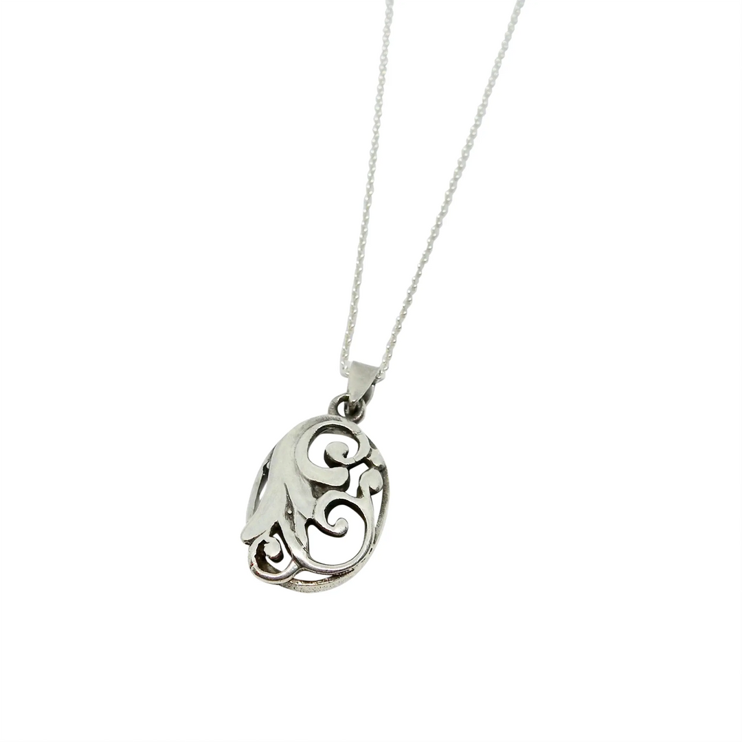 Pendant, oval charm with leaf, sterling silver 
