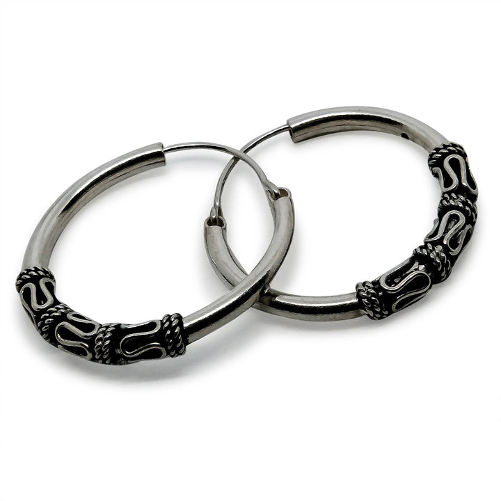 Øreringe, hoops med 3 bølger og snoede viklinger, sterlingsølv BOC